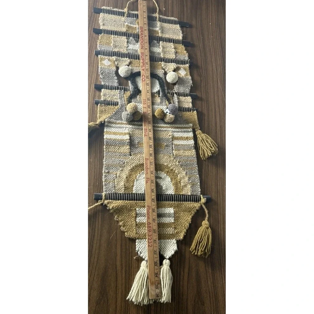 Vintage 70s Handwoven Fiber Art Tapestry Geometric Boho Tassel Wall Hanging 36”